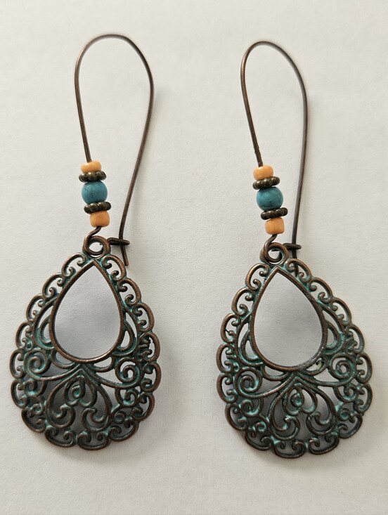 Jewelry - NWT Bohemian Turquoise Patina Teardrop Filigree Earrings Brown Blue Lightweight